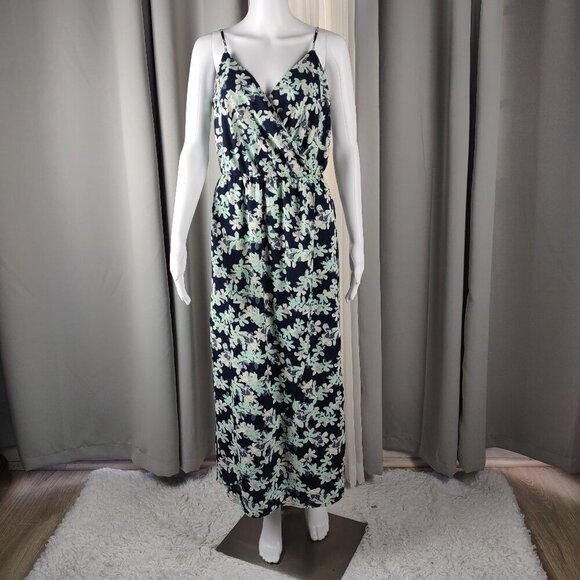 Banana Republic Faux Wrap Maxi Dress – Floral Print – Size 4P – Navy & Mint - Picture 2 of 11